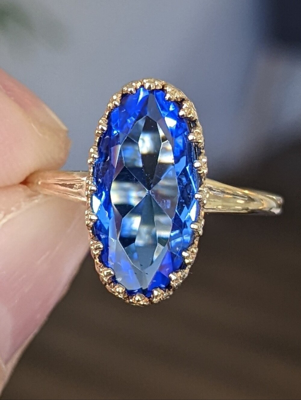 Antique 10K Gold Moval Cut Blue Sapphire Ring